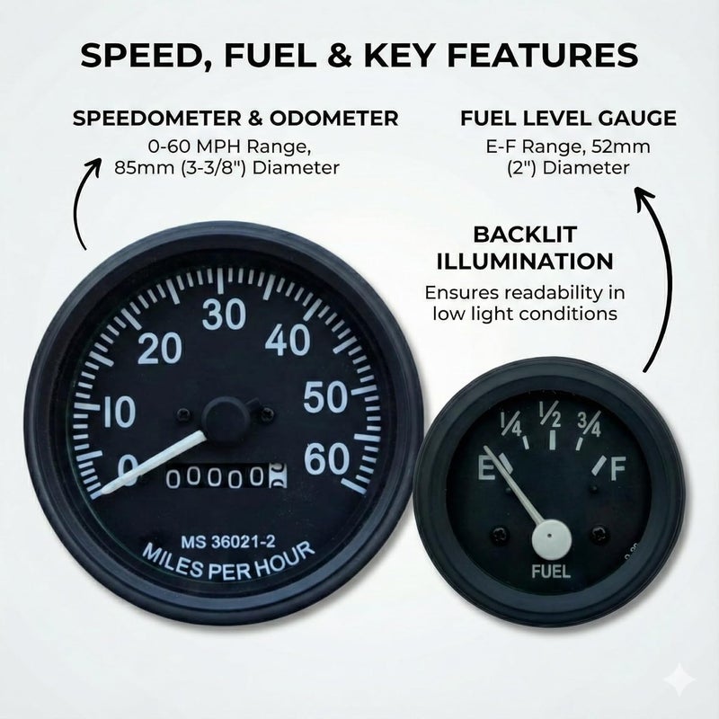 VR Autopedia Gauge Set for Willys Jeeps FD Speedometer Assembly 0-60 MPH Fits- 1946-1964 CJ-2A, 3A, 3B, M38, M38A1, MB GPW CJ2A CJ3A, CJ3B Millitary Trucks & Jeeps | GPW Black Bezels by - Image 4